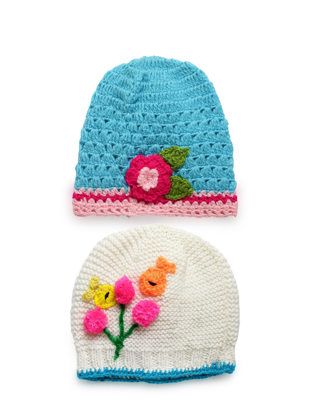 CHUTPUT Pack of 2 Kids Blue & White Pure Wool Crochet Beanie Cap