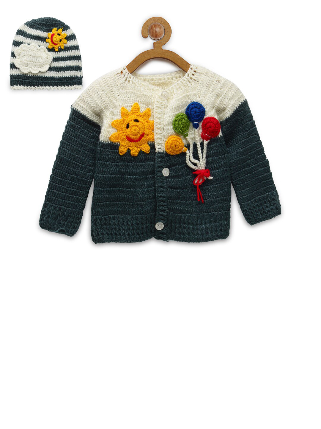 CHUTPUT Kids Cream-Coloured & Green Embroidered Woolen Crochet Sweater with Beanie
