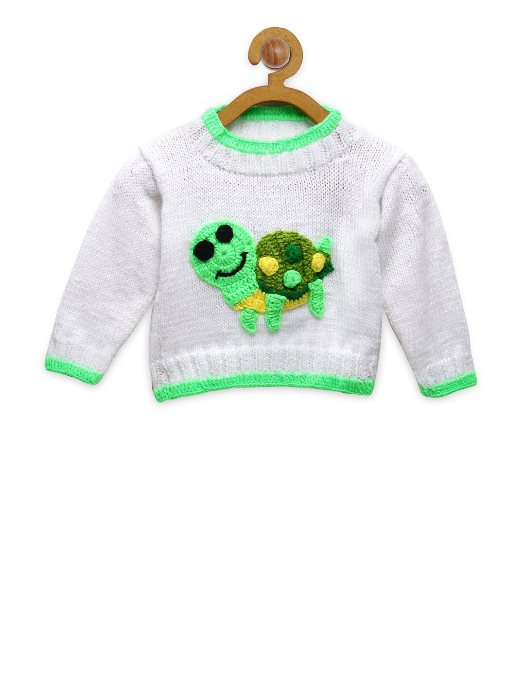 CHUTPUT Kids White & Green Pure Wool Crochet Pullover