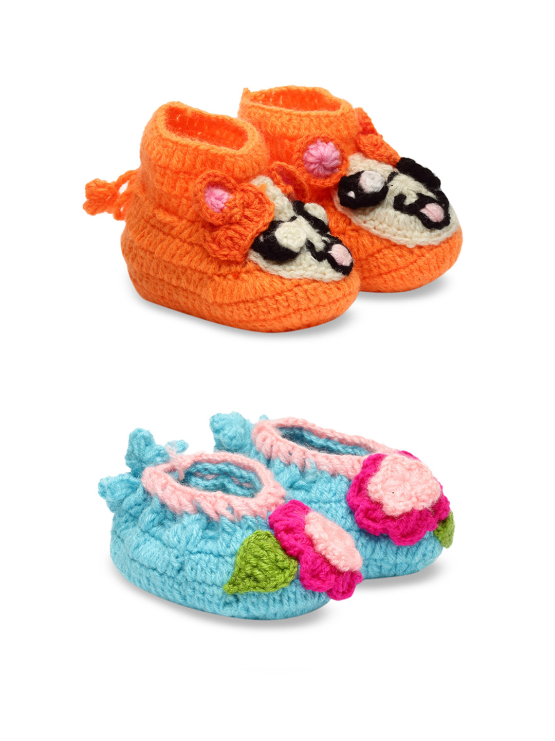 CHUTPUT Orange & Blue Set Of 2 Hand Knitted Booties