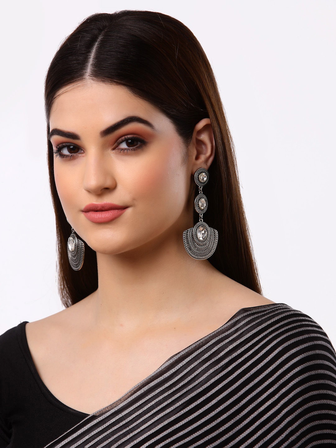 Arrabi Silver-Toned Oxidized Geometric Design Drop Earrings