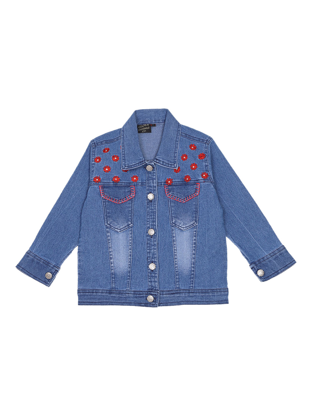 CREMLIN CLOTHING Girls Blue Washed Denim Jacket with Embroidery