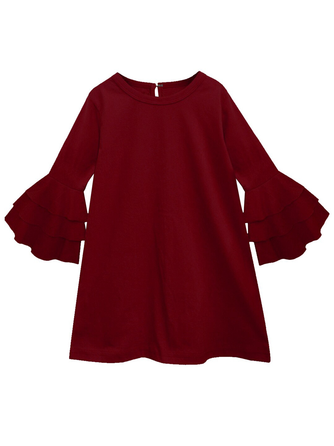 A T U N Maroon Solid Bell Sleeve Pure Cotton A-Line Dress