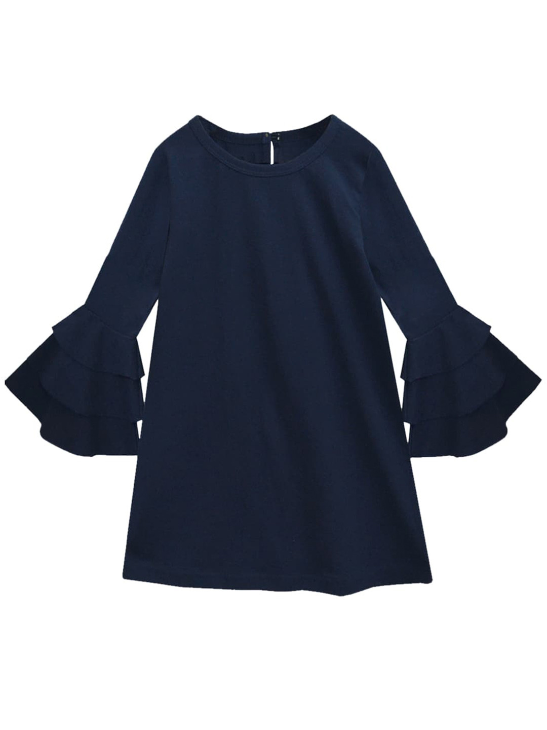 A T U N Navy Blue Solid Bell Sleeves Pure Cotton A-Line Dress