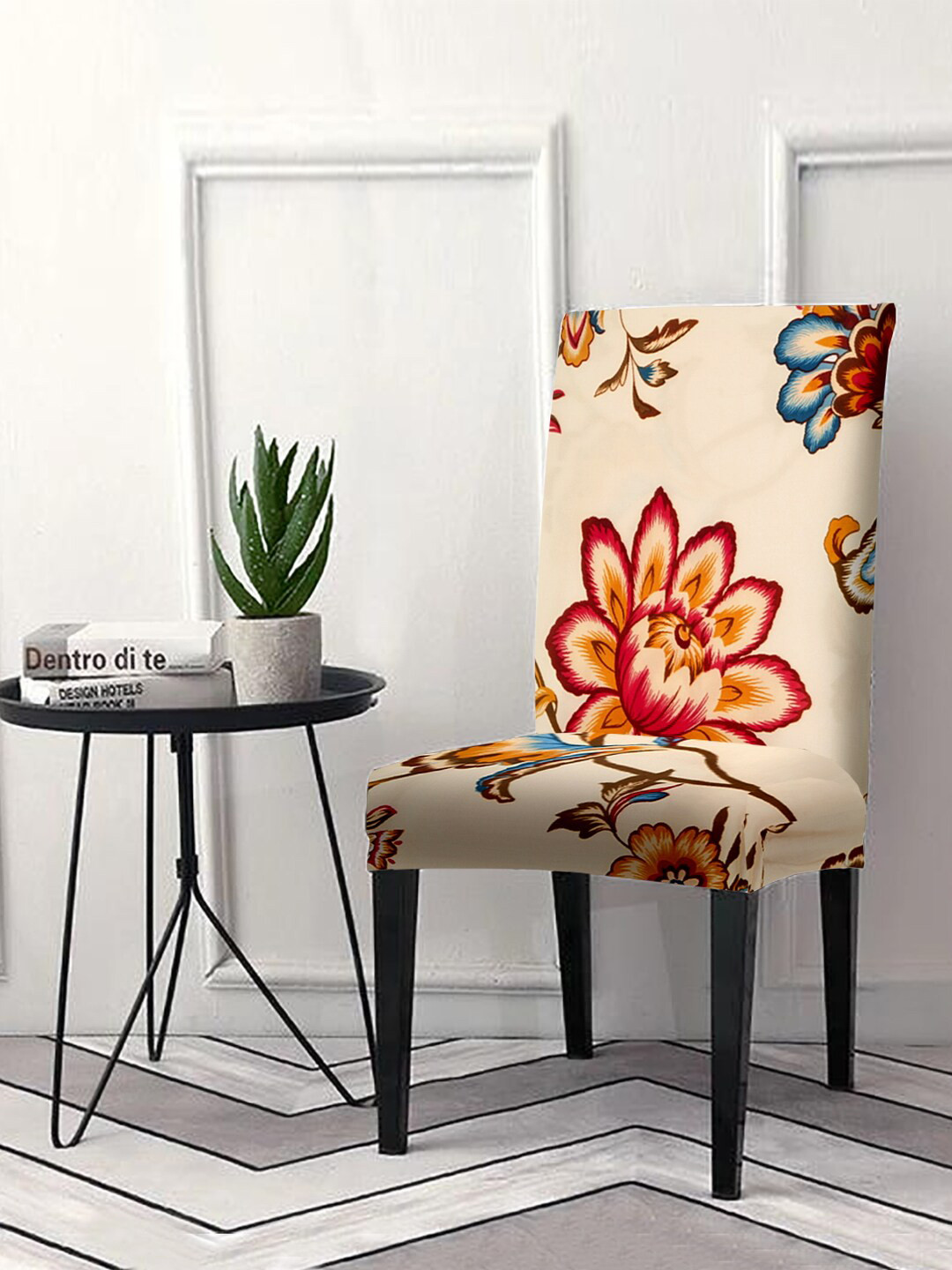 Cortina Beige & Orange Floral Printed Removable Chair Slip Cover