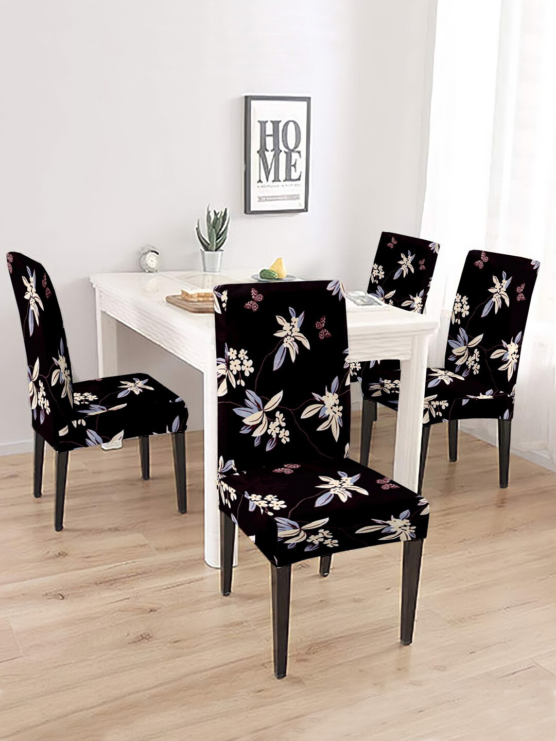 Cortina Set Of 4 Black & Blue Printed Removable Chair Slip Covers