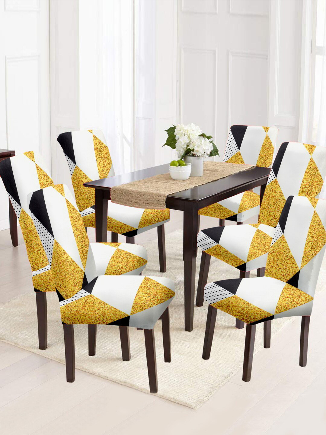 Cortina Set Of 6 Yellow & White Printed Removable Chair Slip Covers