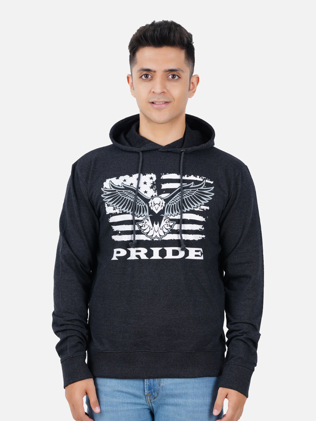 PRIDE APPAREL Men Black Printed Pure Cotton Hooded Sweatshirt