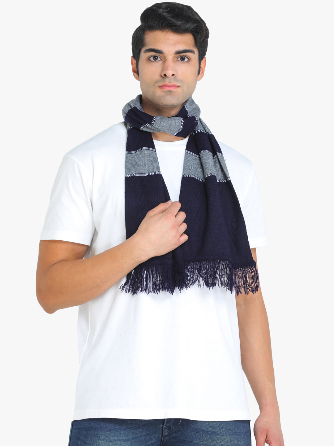 ELLIS Men Navy Blue & Grey Striped Muffler
