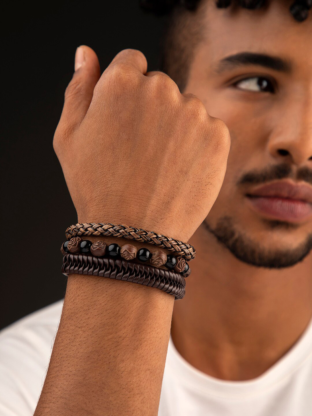Roadster Men Brown & Black Multi-Layered Beaded Braided Leather Bracelet Set