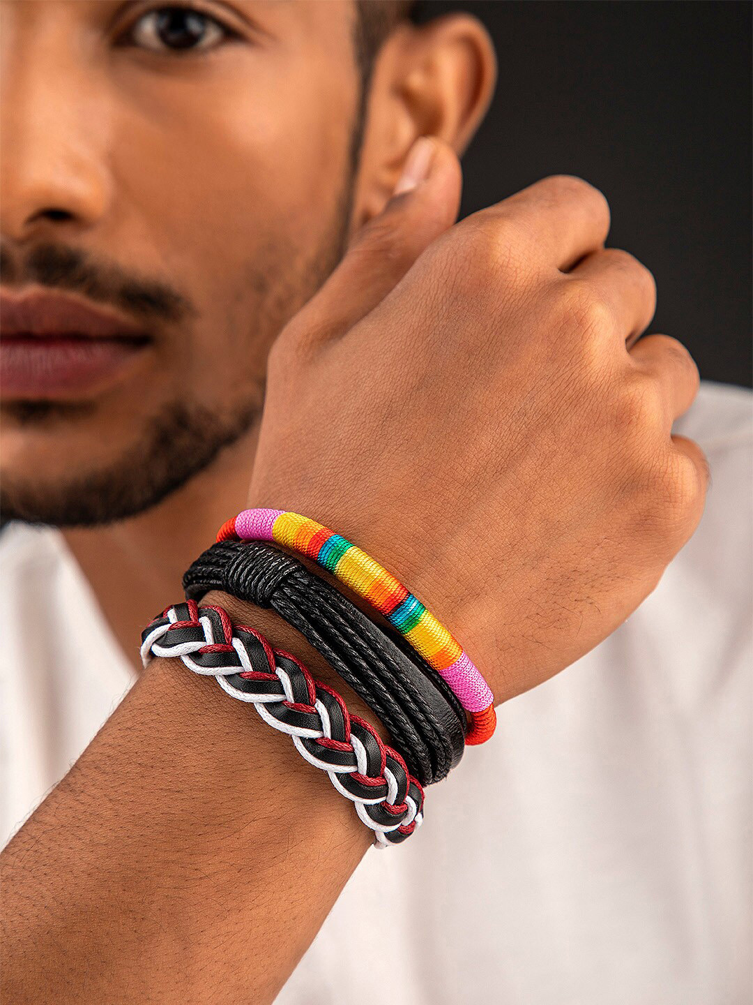 The Roadster Lifestyle Co Men Set of 3 Black & Black Handcrafted Bracelet