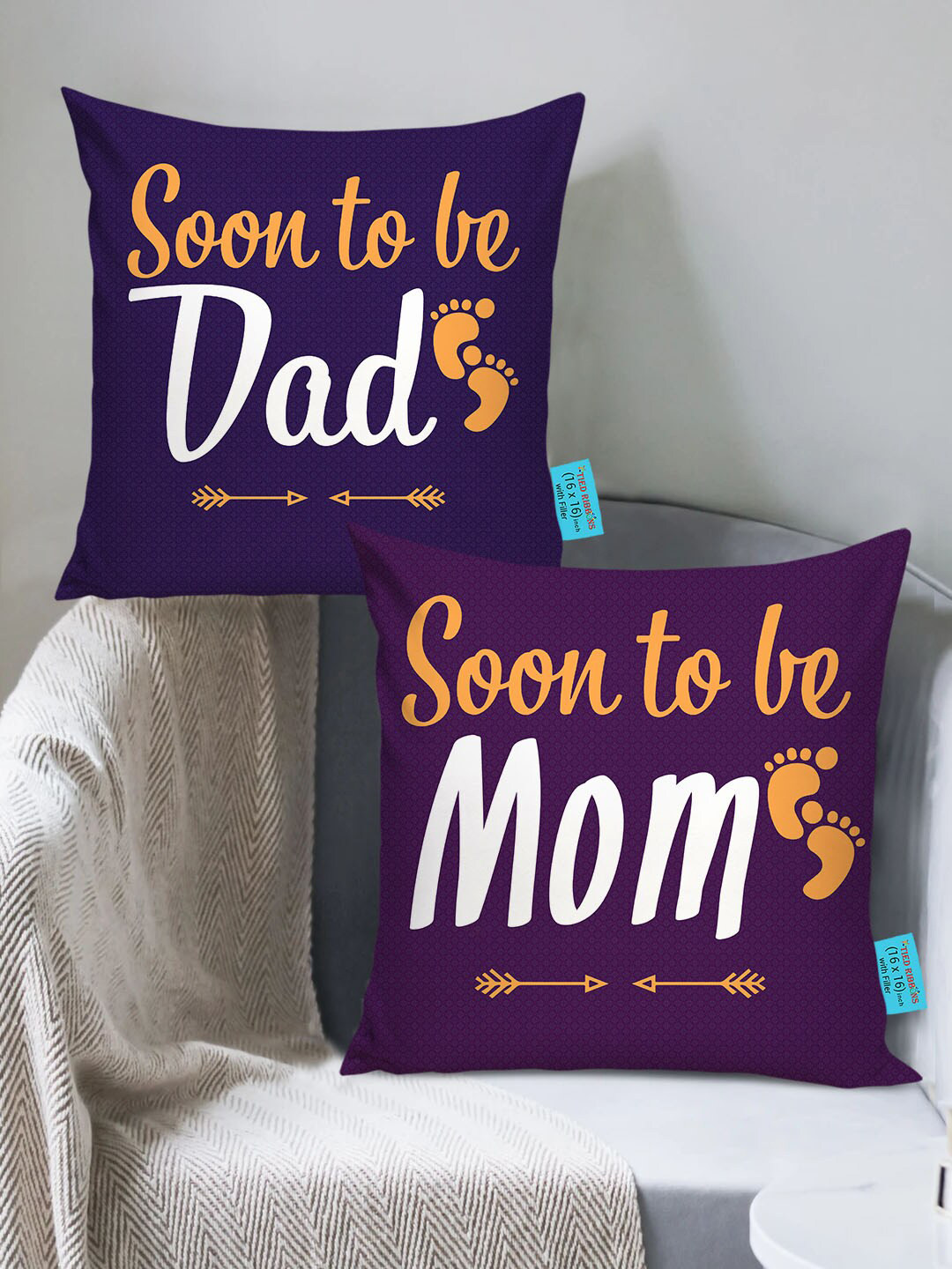 TIED RIBBONS Purple & White Set of 2 Typography Print Cushion Covers with Filler