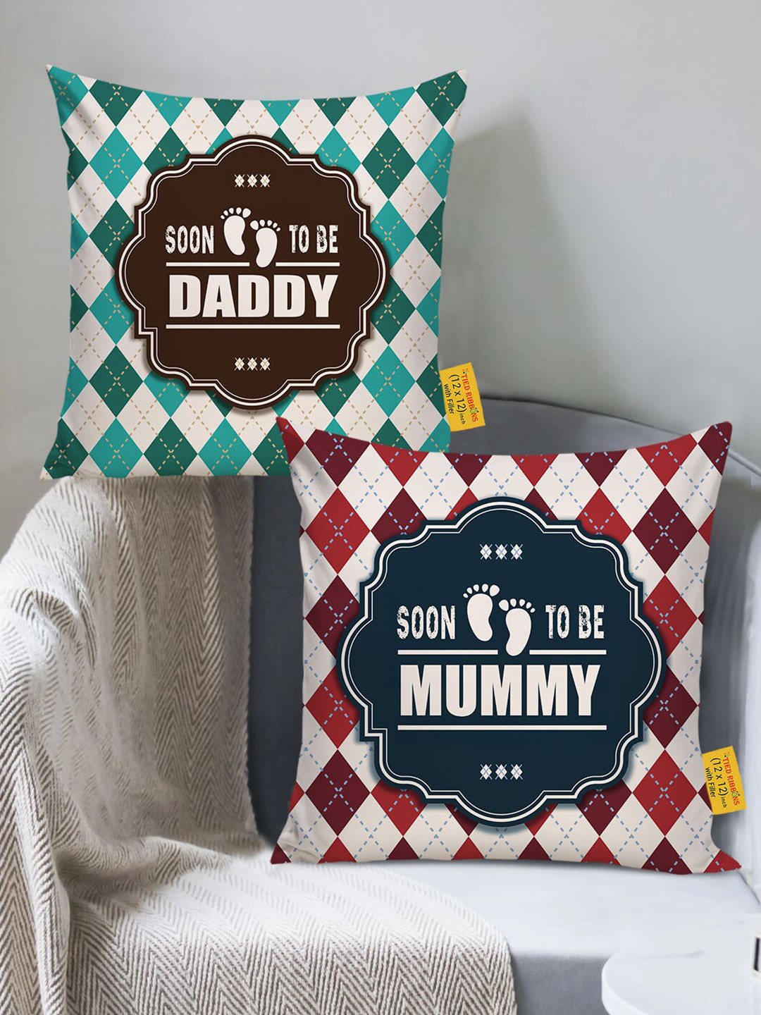 TIED RIBBONS Blue & Red Set of 2 Typography Print Cushion Covers with Filler