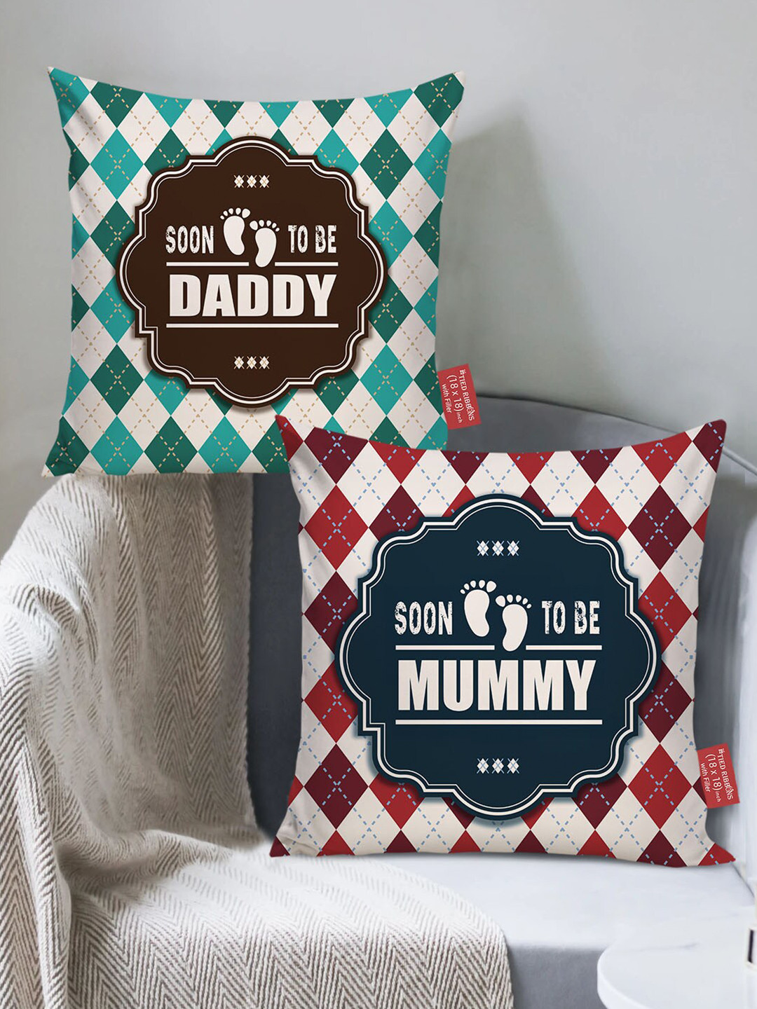 TIED RIBBONS Red & White Set of 2 Typography Print Cushion Covers with Filler