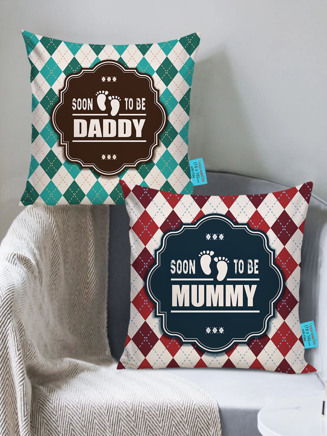 TIED RIBBONS Red & Green Set of 2 Typography Print Cushion Covers with Filler