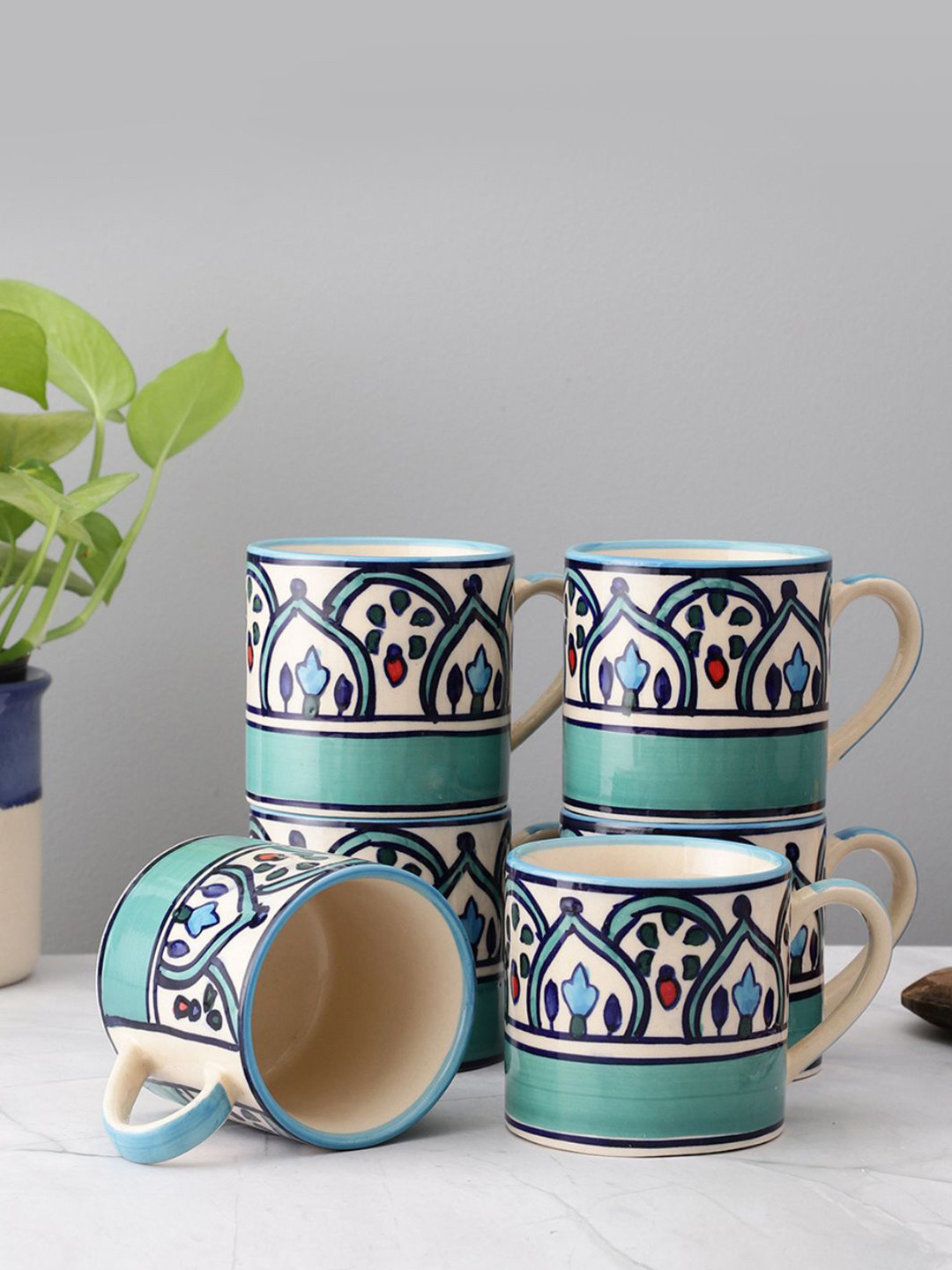 VarEesha Blue Ethnic Motifs Ceramic Microwave Safe 6 Piece Cups-130ml