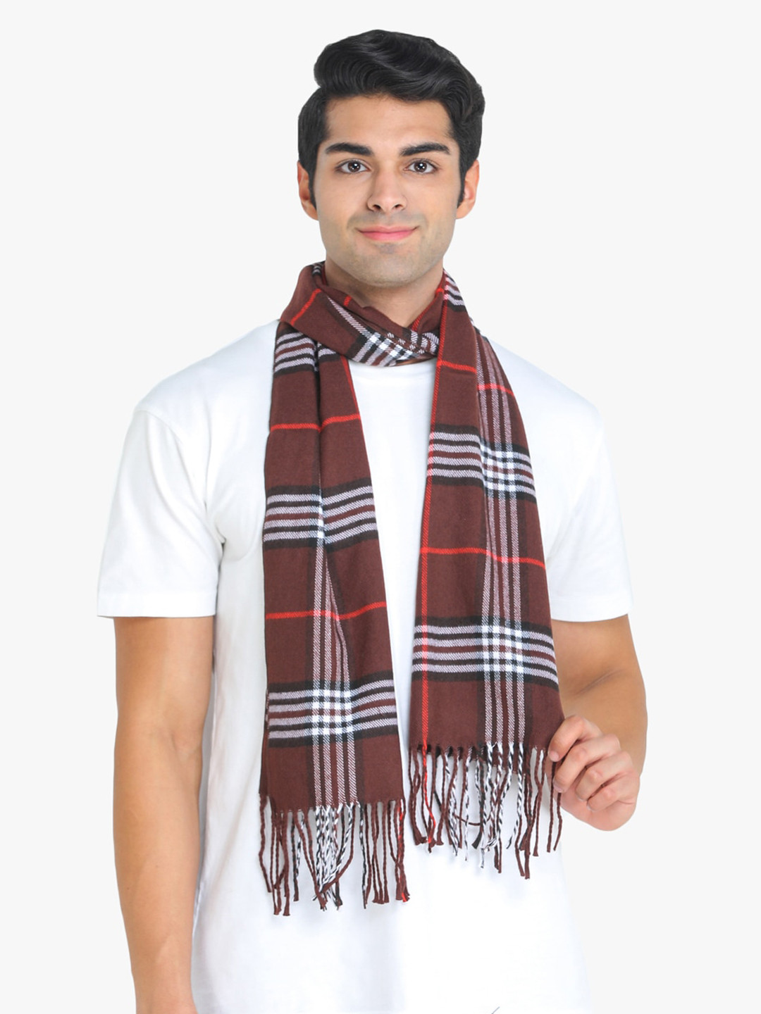 ELLIS Men Brown & White Checked Muffler