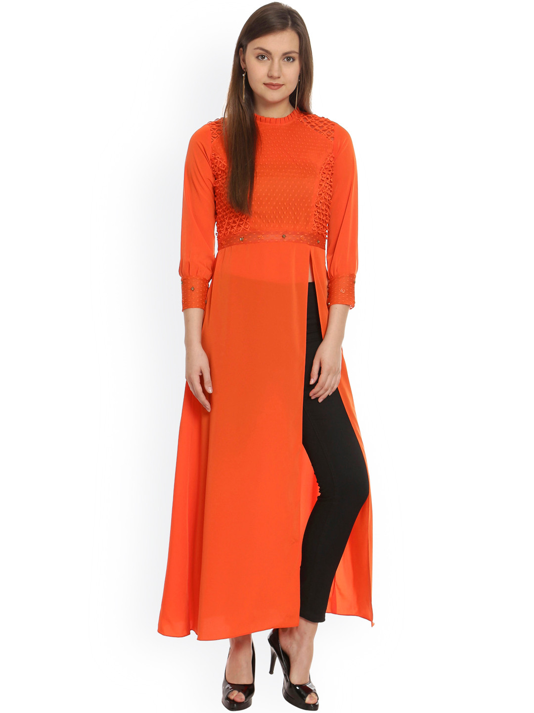 Soie Orange Hand Embroidered Maxi Top