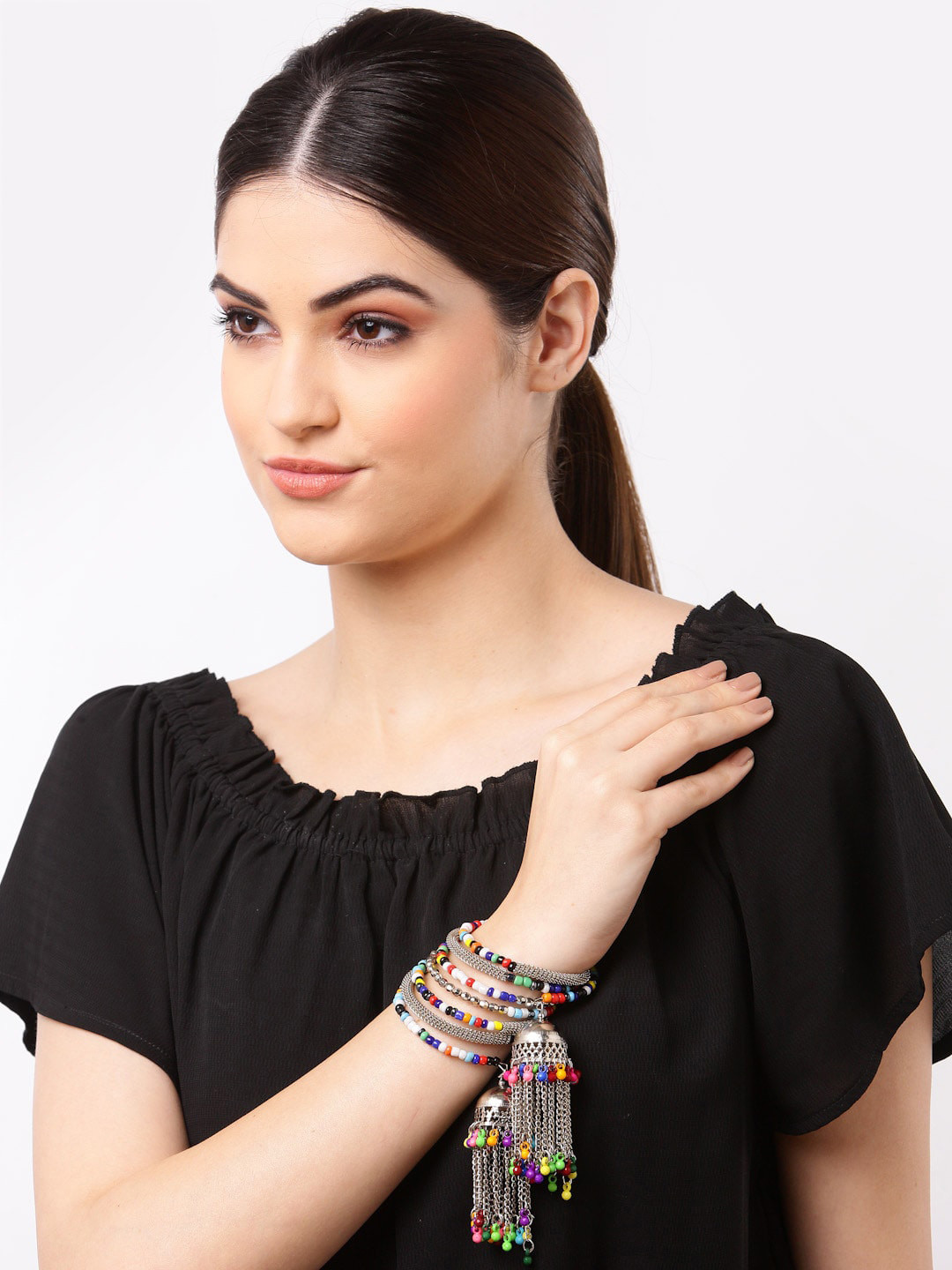 Arrabi Oxidised Silver-Toned White & Black Beaded Bangles