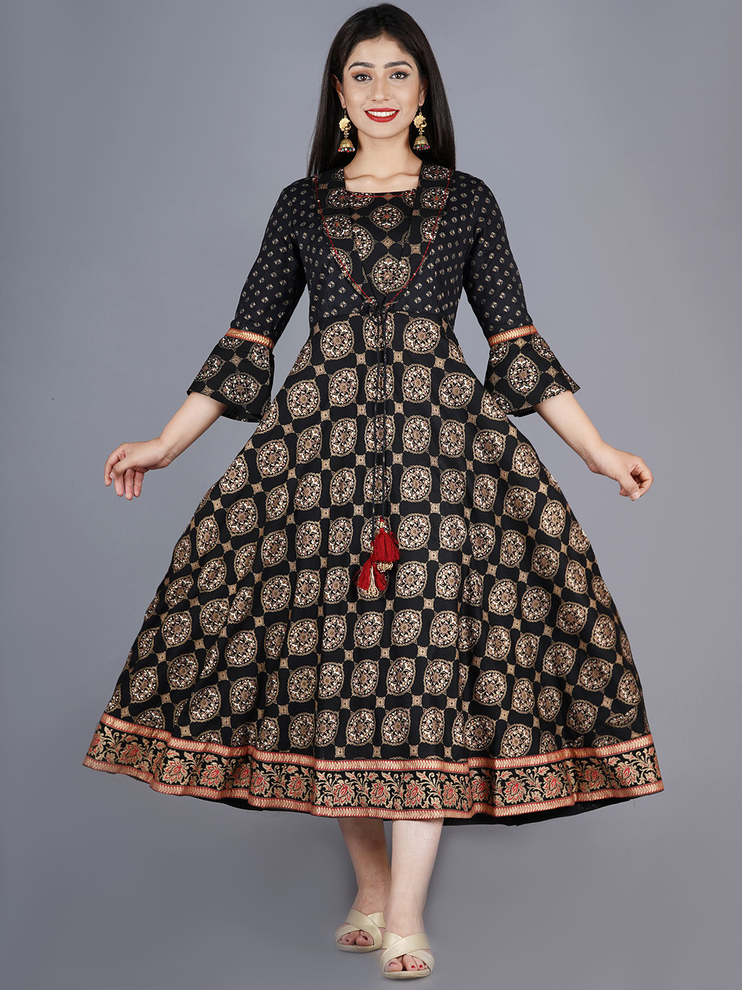 KALINI Women Black Ethnic Motifs Printed Mirror work Anarkali Kurta
