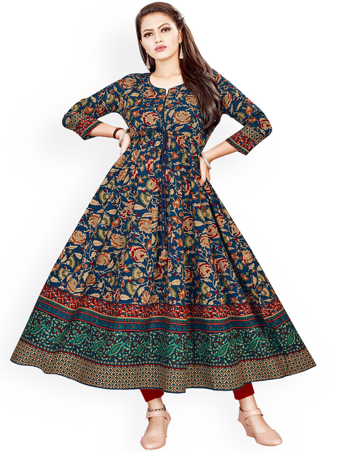 KALINI Women Navy Blue & Beige Ethnic Motifs Printed Anarkali Kurta with Tie-Ups