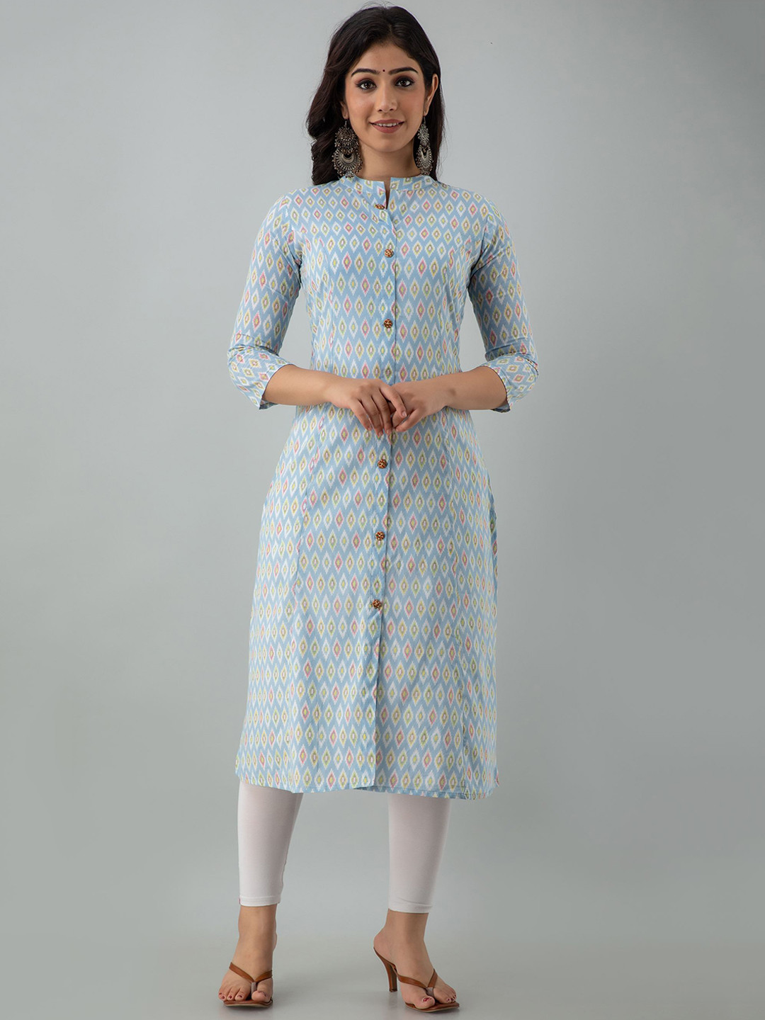 KALINI Women Turquoise Blue & dark gray Geometric Flared Sleeves Kurta