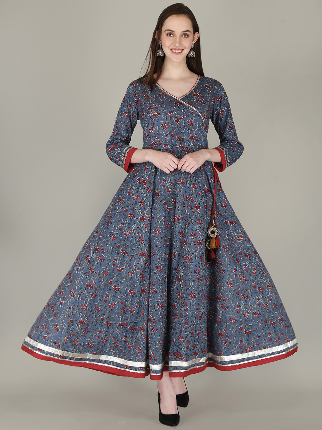 KALINI Women Navy Blue & Red Floral Printed Floral Anarkali Fusion Kurta