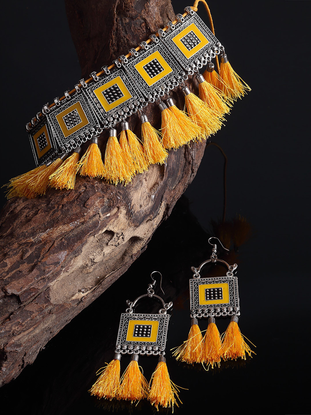 Arrabi Oxidised Silver-Toned & Yellow Tasselled Jewellery Set