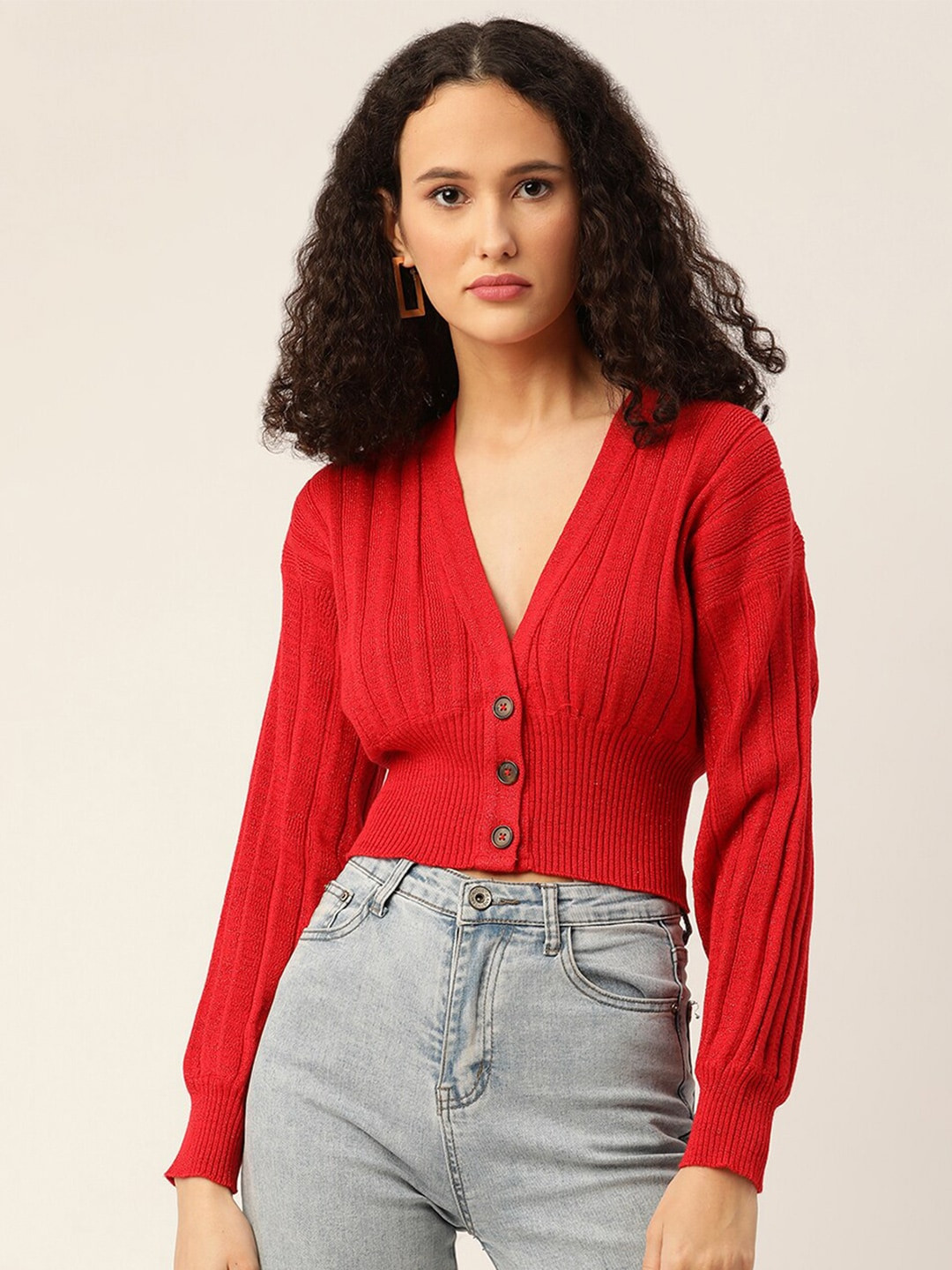 ZOELLA Women Red Ribbed Crop Cardigan