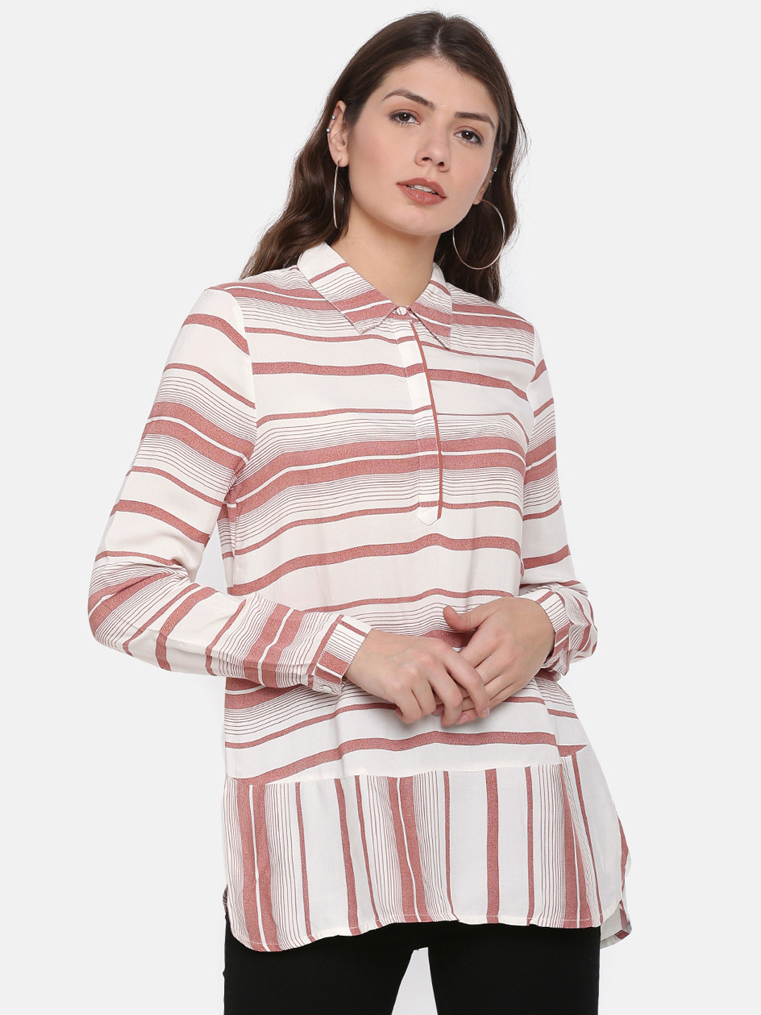Vero Moda Women Off-White & Red Regular Fit Striped Casual Shirt