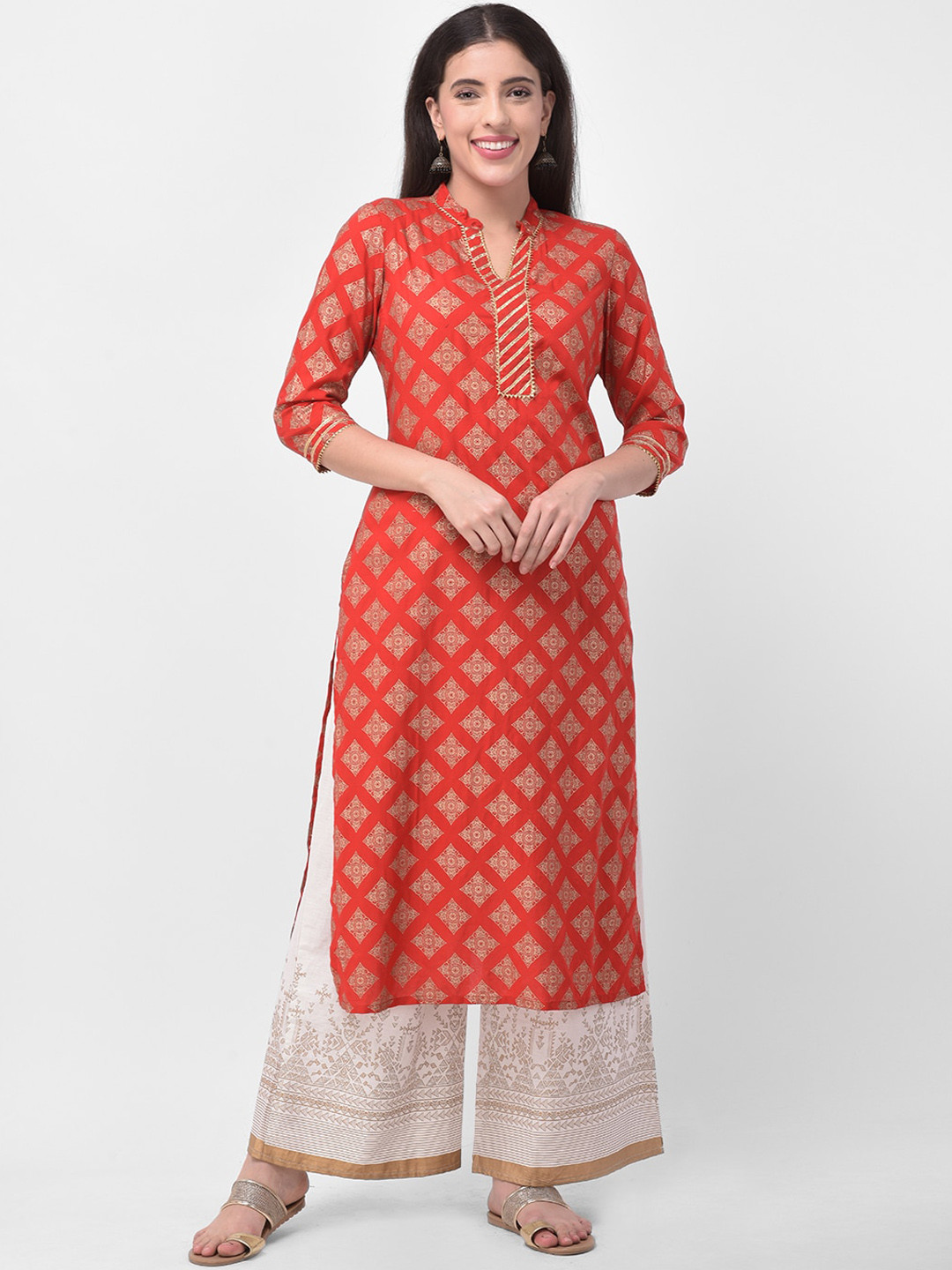 Pistaa Women Red Ethnic Motifs Printed Gotta Patti Kurta with Palazzos