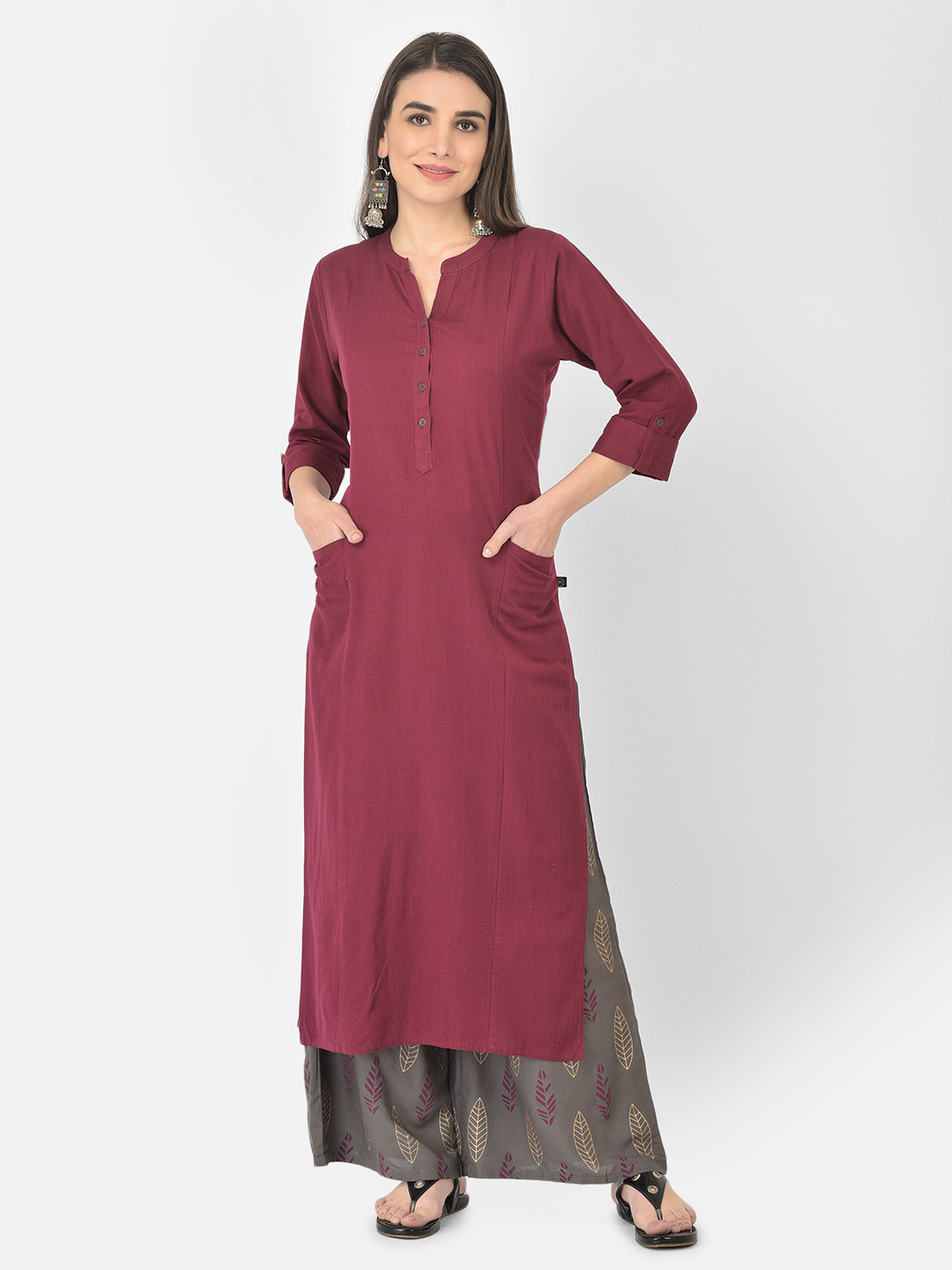 Pistaa Women Magenta & Grey Cotton Kurta with Palazzos