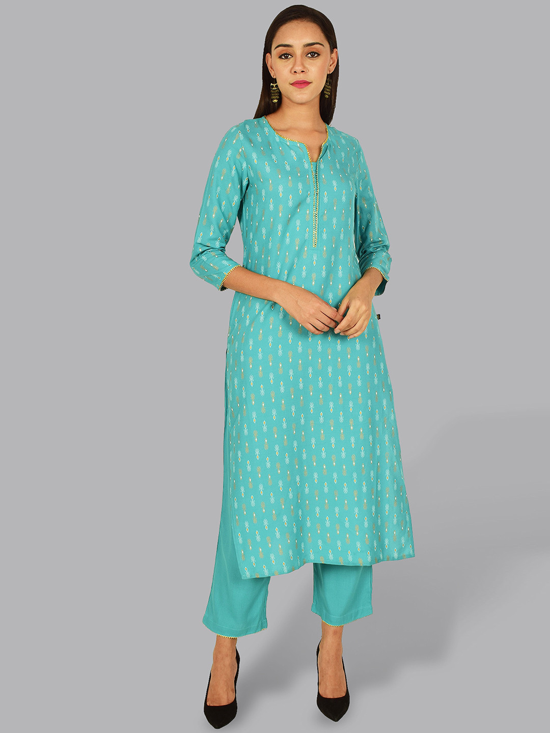 Pistaa Women Teal Ethnic Motifs Gotta Patti Kurti with Trousers