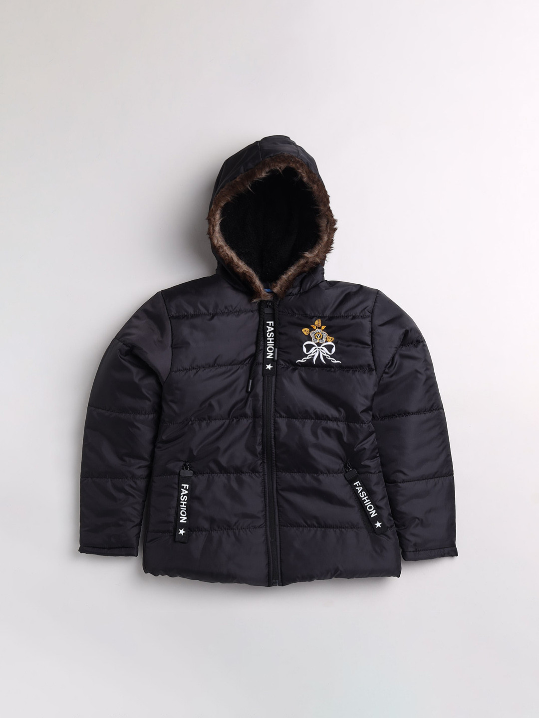 Toonyport Girls Black Lightweight Fax Fur Padded Jacket with Embroidered