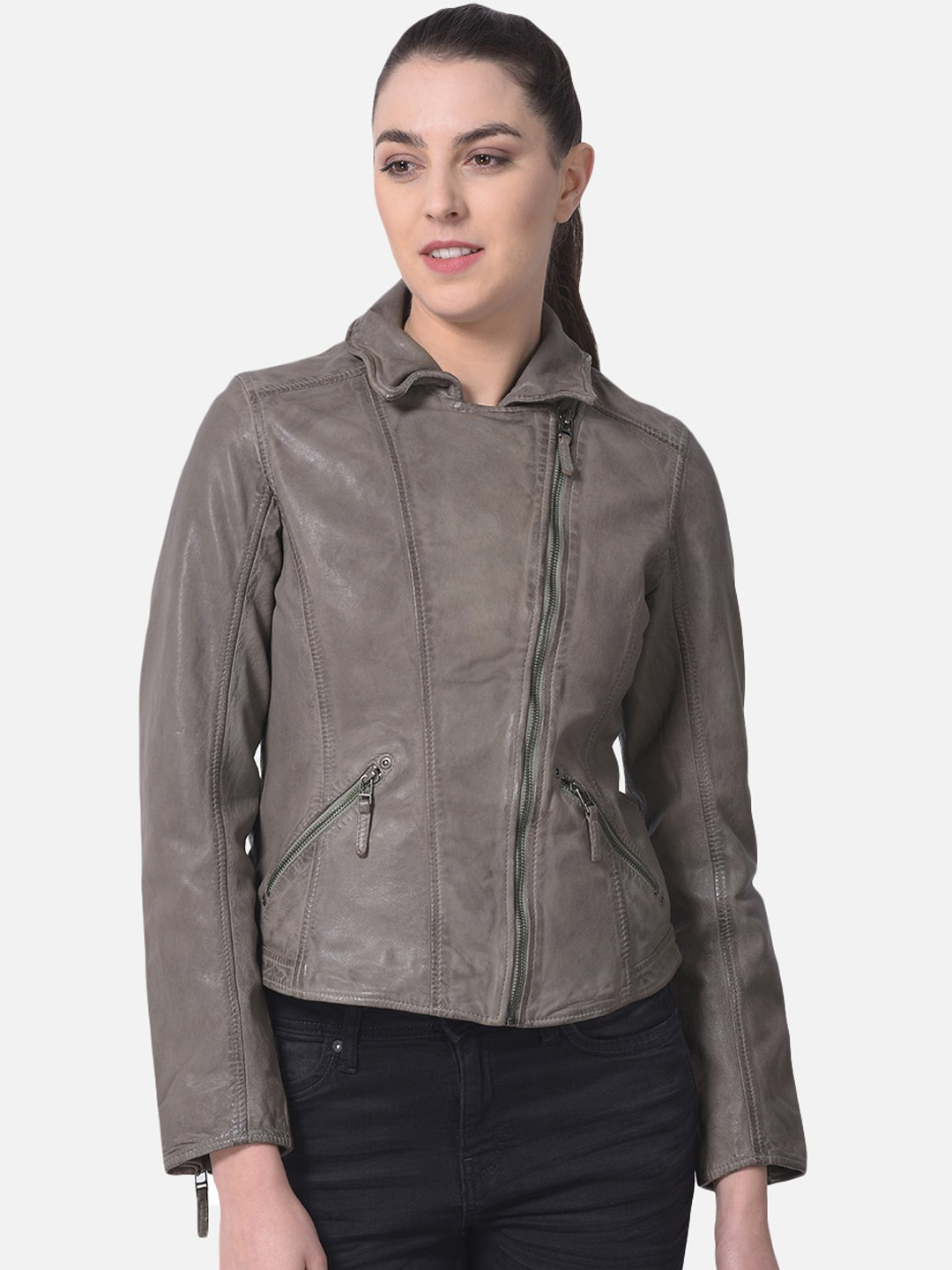 Woods Women Green Leather Water Resistant Crop Bomber with Embroidered Jacket