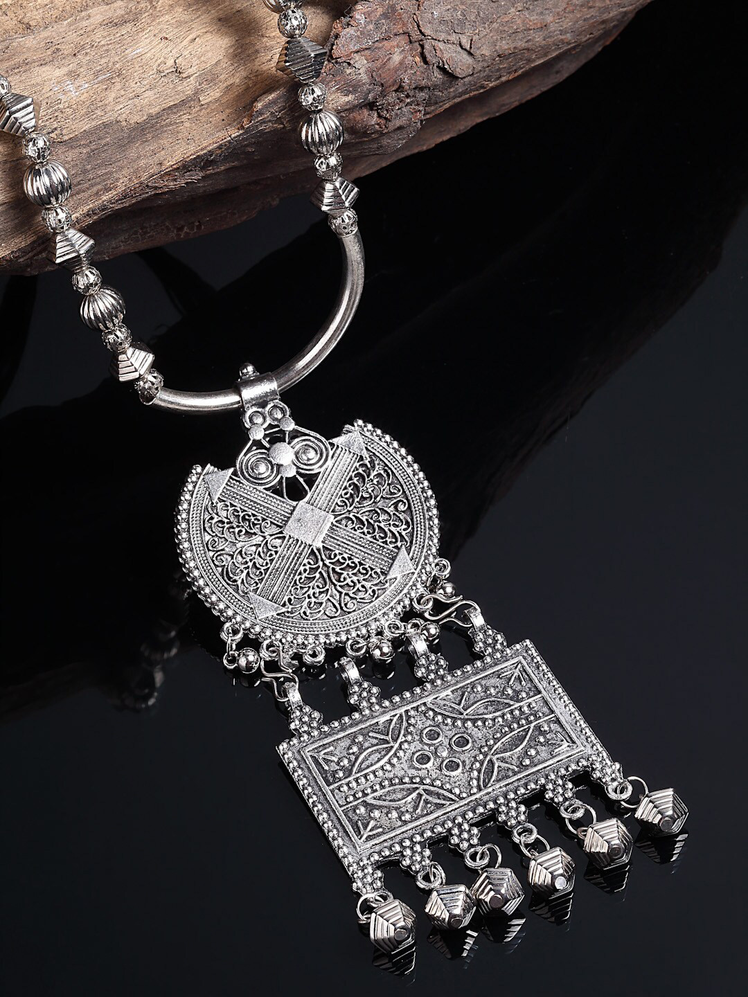Arrabi Gunmetal-Toned & Black Oxidised Necklace