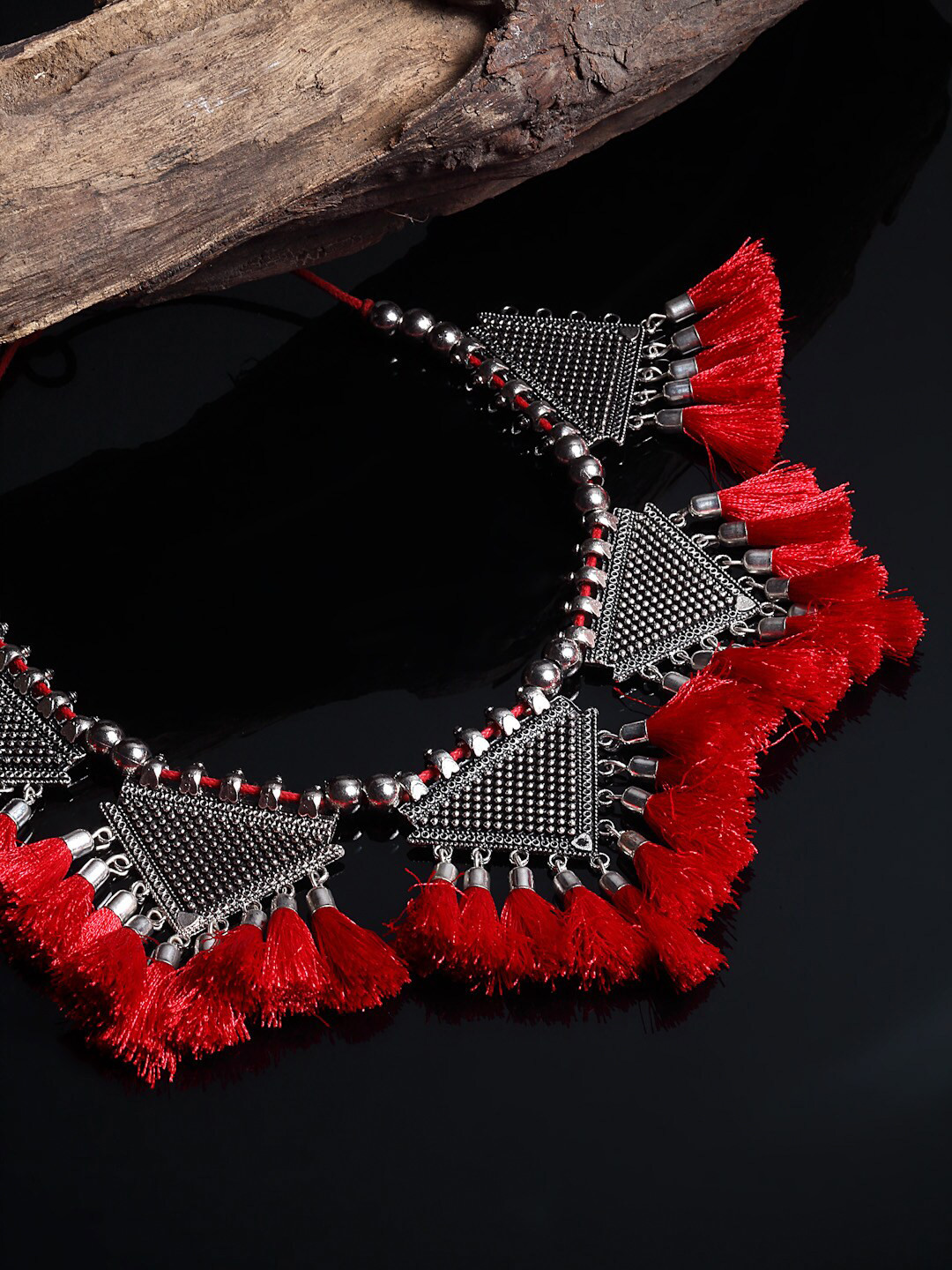 Arrabi Red & Black Oxidised Tasselled Necklace
