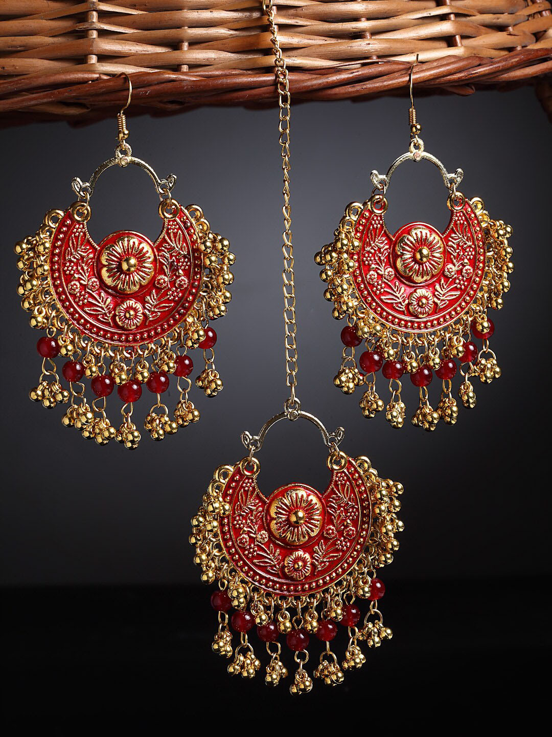 Arrabi Red & Gold Plated Enamelled Maang Tika & Earrings Set