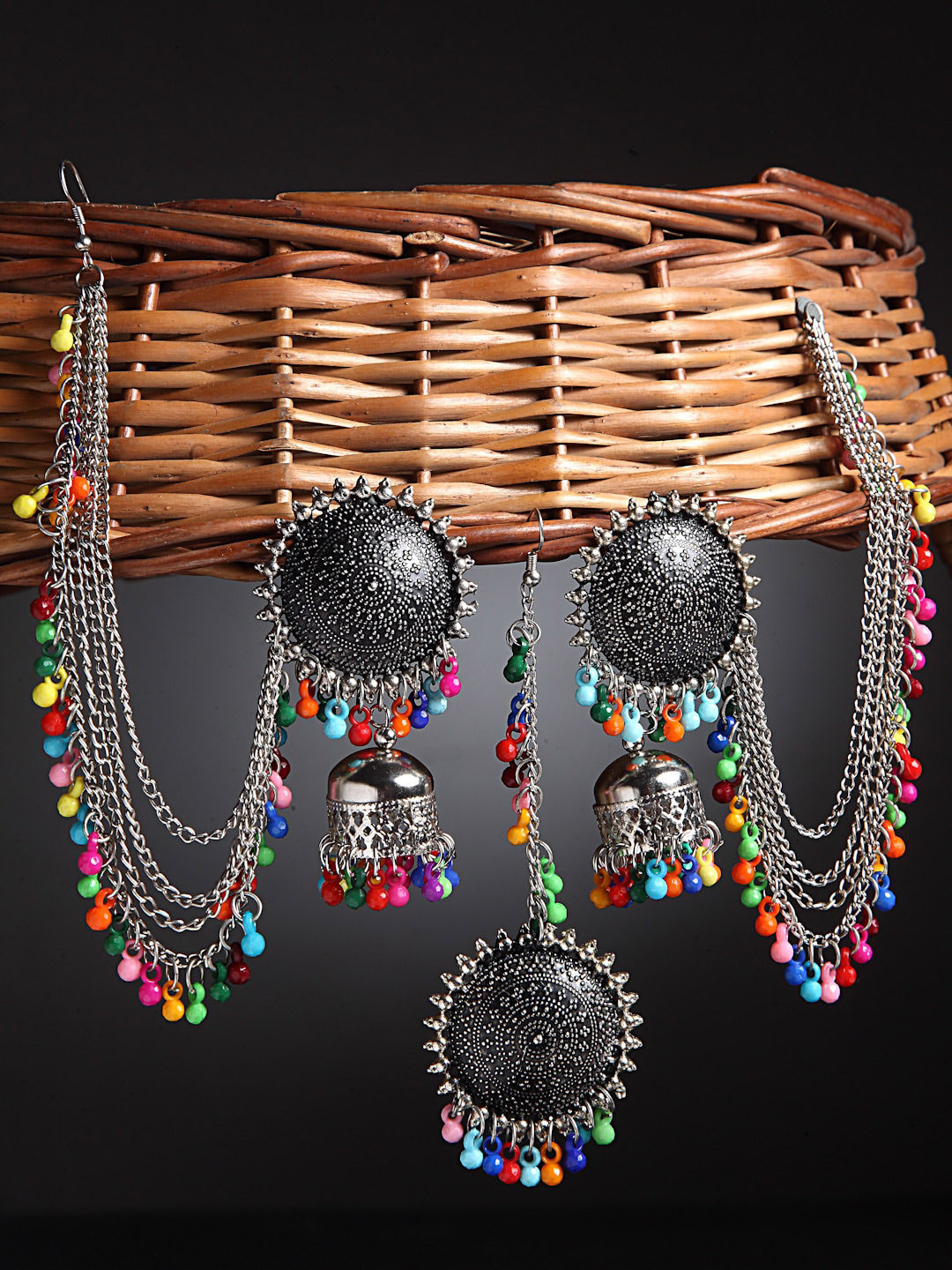 Arrabi Woman Metallic Oxidised Kundan Studded Maang Tika & Earrings Set