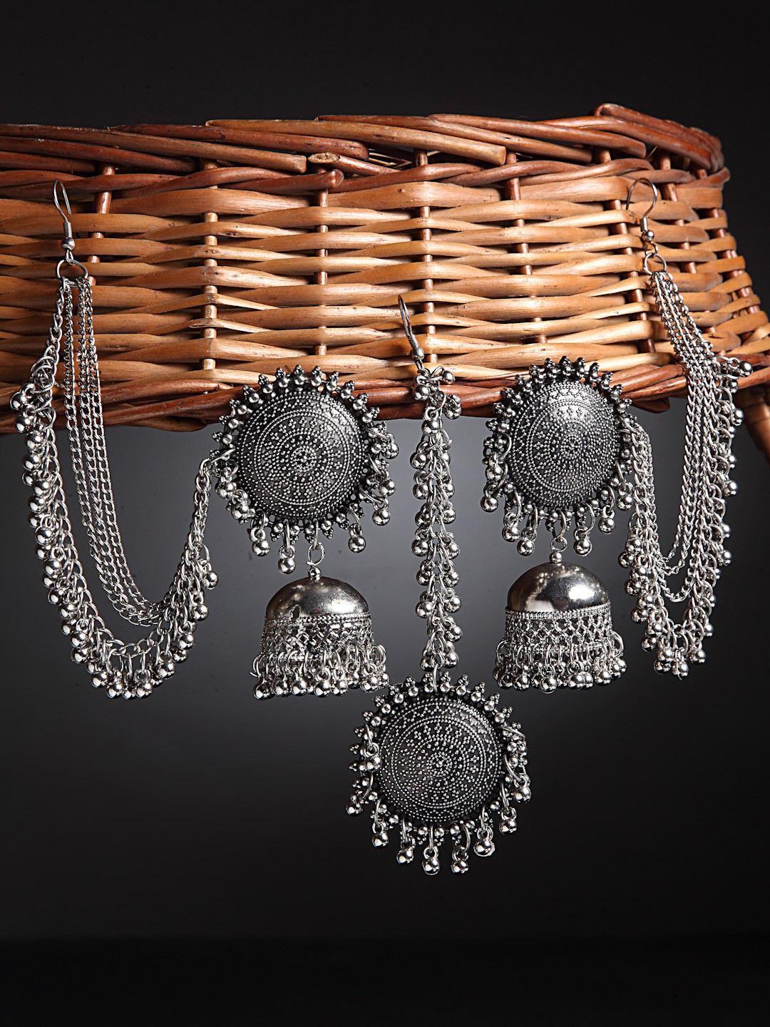 Arrabi Metallic Oxidised Maang Tika & Earrings Set
