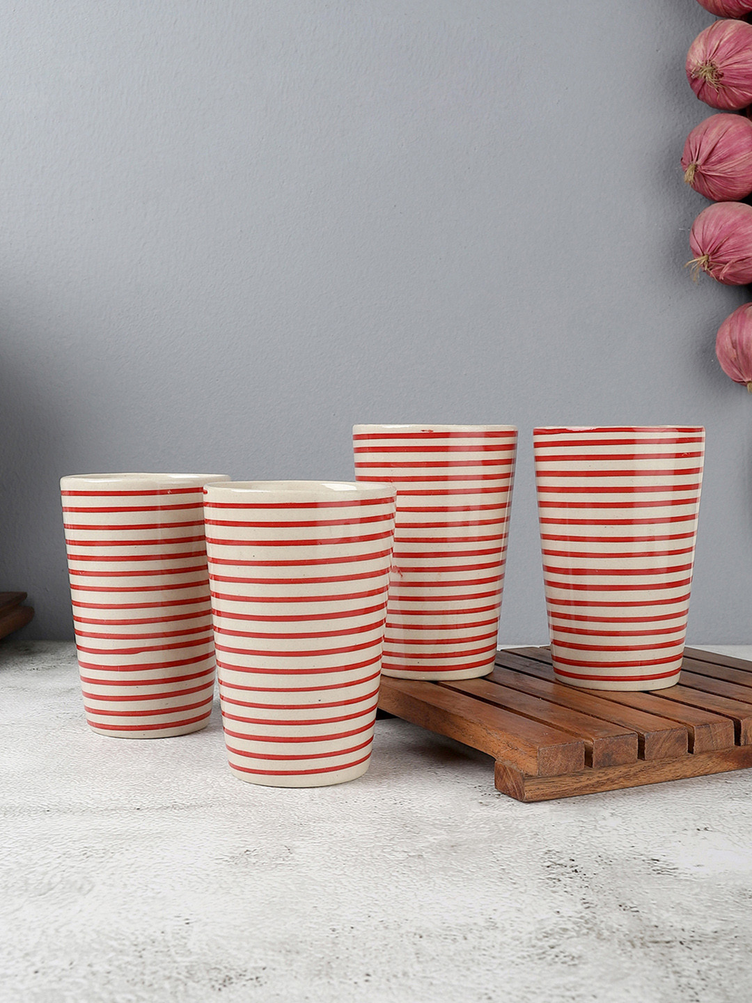 VarEesha Set of 4 Red Printed Ceramic Glasses