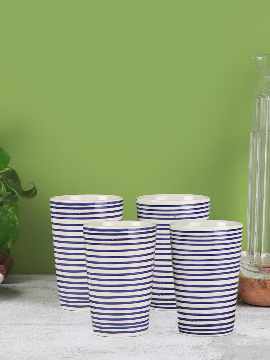 VarEesha Set Of 4 Blue & White Spiral Ceramic Glasses