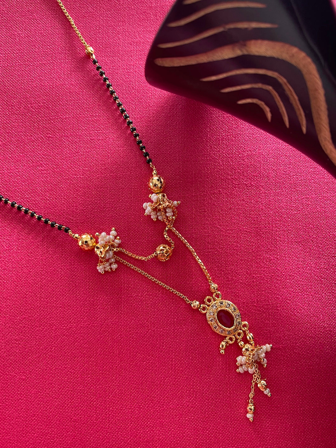 Digital Dress Room Gold-Plated Red & Black Stone-Studded & Beaded Mangalsutra