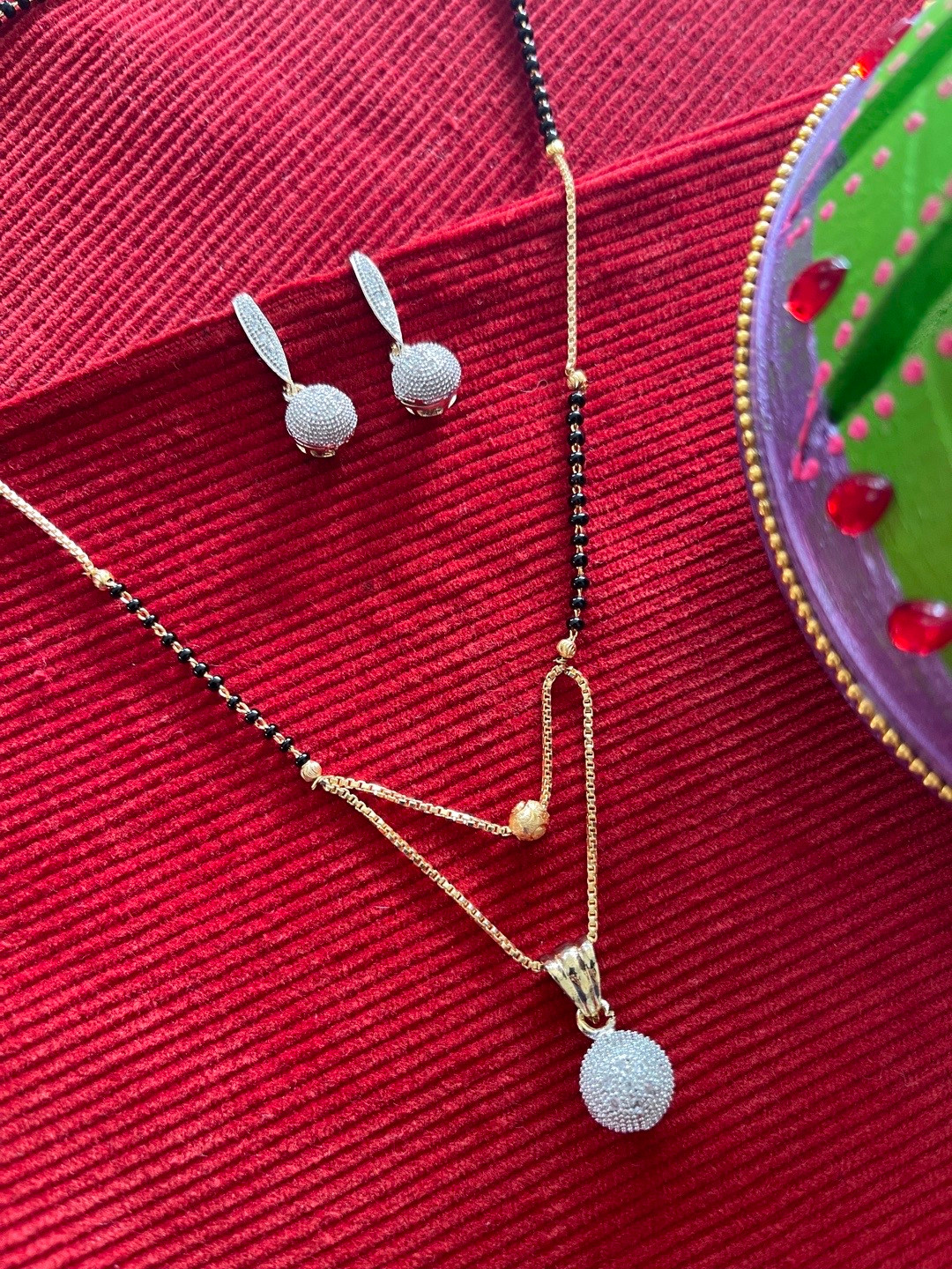 Digital Dress Room Gold-Plated Blue & Black Stone Studded & Beaded Mangalsutra With Earrings