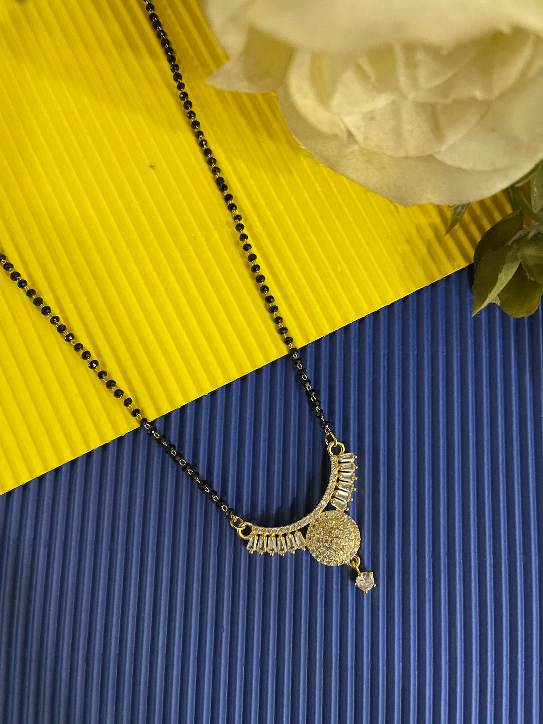 Digital Dress Room Gold-Toned With Diamond Pendant Black Crystal Beads Mangalsutra