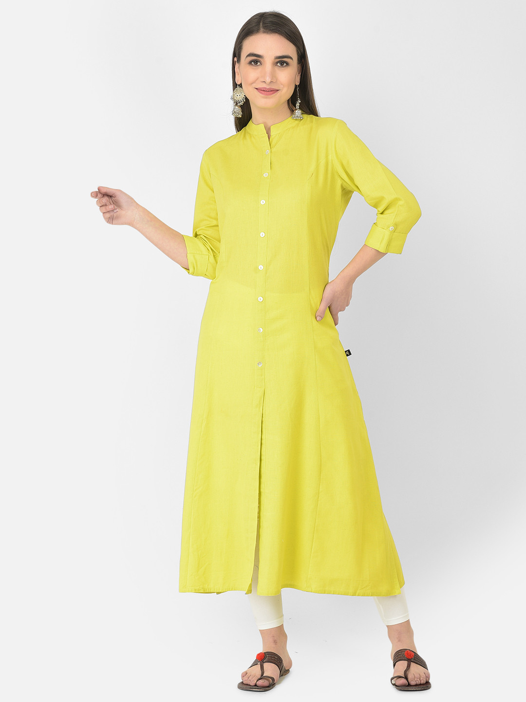 Pistaa Women Lime Green A-Line Pure Cotton Kurta