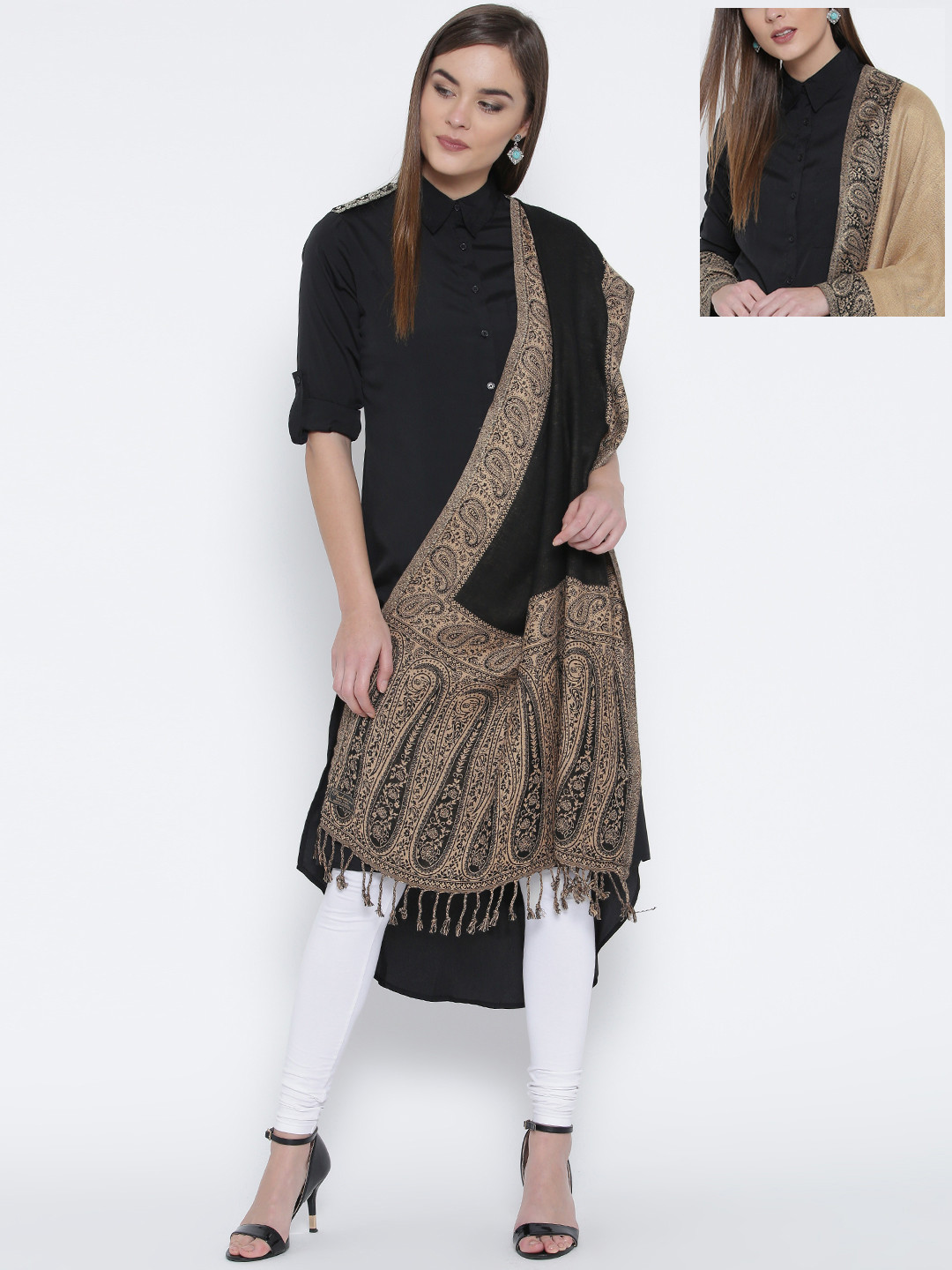 WEAVERS VILLA Black & Beige Patterned Reversible Stole