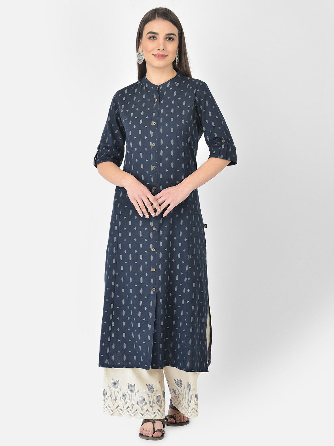 Pistaa Women Navy Blue Ikat Printed Kurta with Palazzos