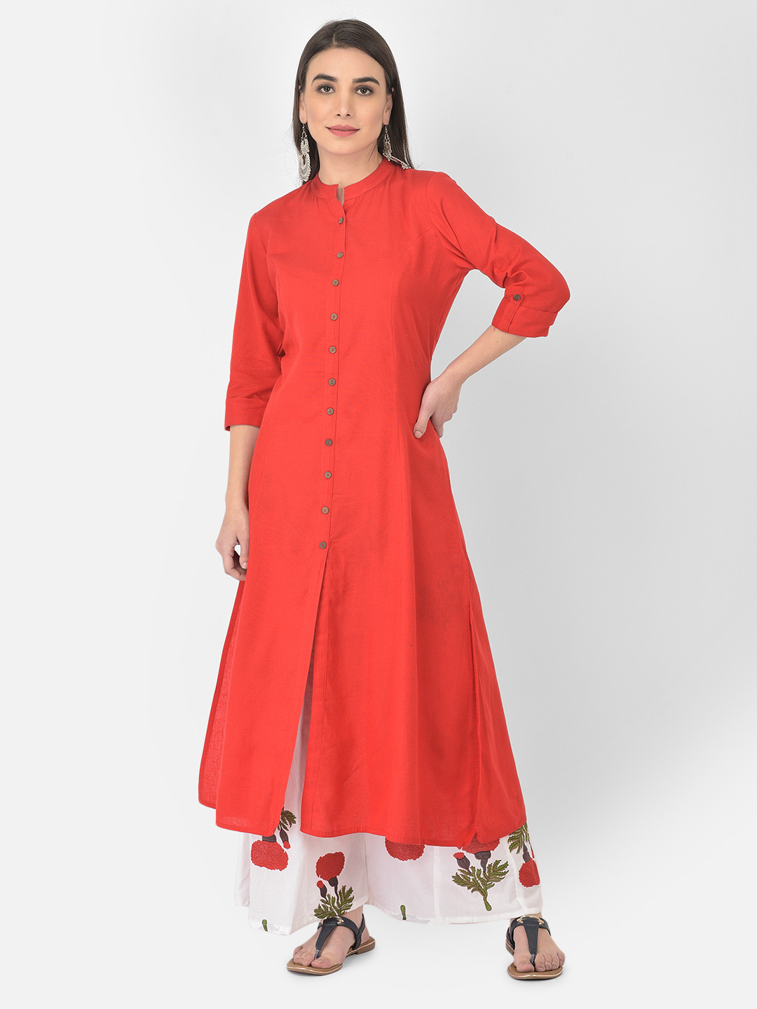 Pistaa Women Red High Slit Kurta with Palazzos