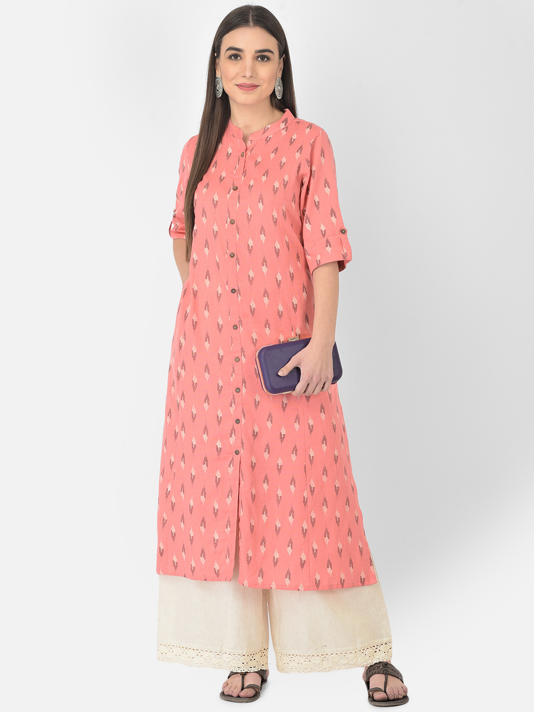Pistaa Women Peach-Coloured Ikat Printed Kurta with Palazzos
